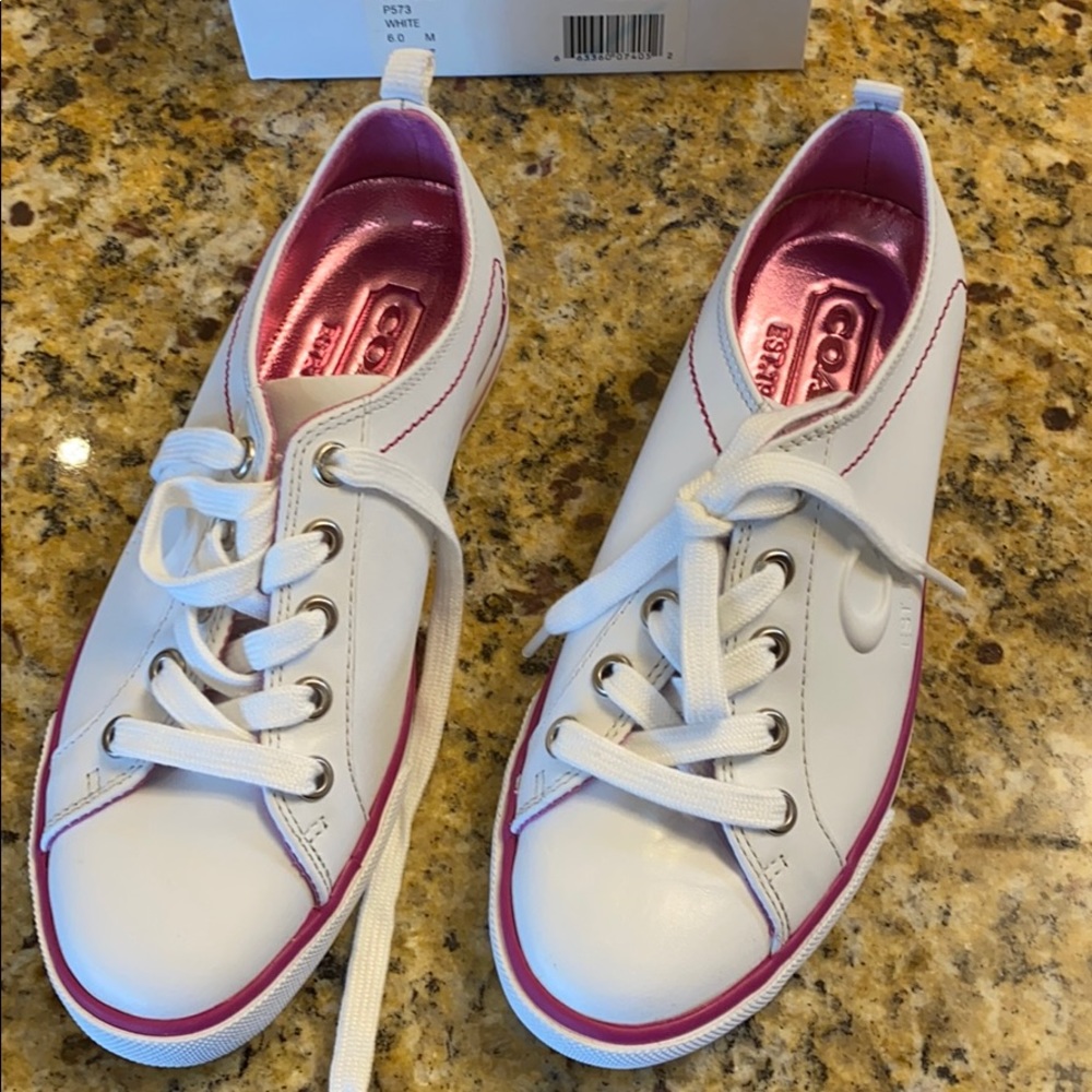 Coach Demi Calf White Tennis Sneakers/Pink accent